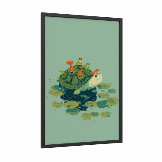 Lily Pad Turtle framed art print — black wood frame — light green and sage green palette