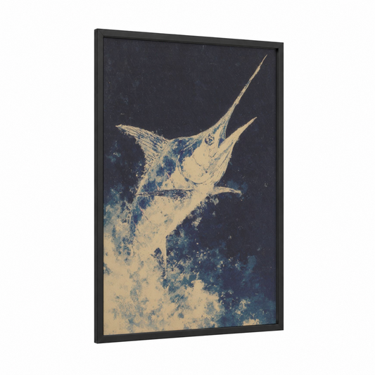 Striped Marlin Jump framed art print — black wood frame — cream and dark blue palette