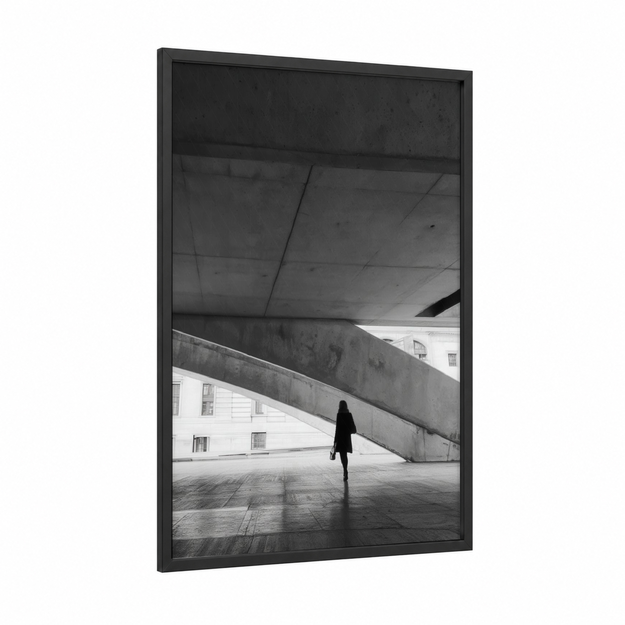 Solitary Concrete framed abstract architecture print — black wood frame — black and white and dove gray palette