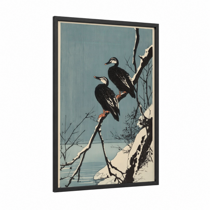 Winter Ducks framed art print — black wood frame — blue and black and white palette