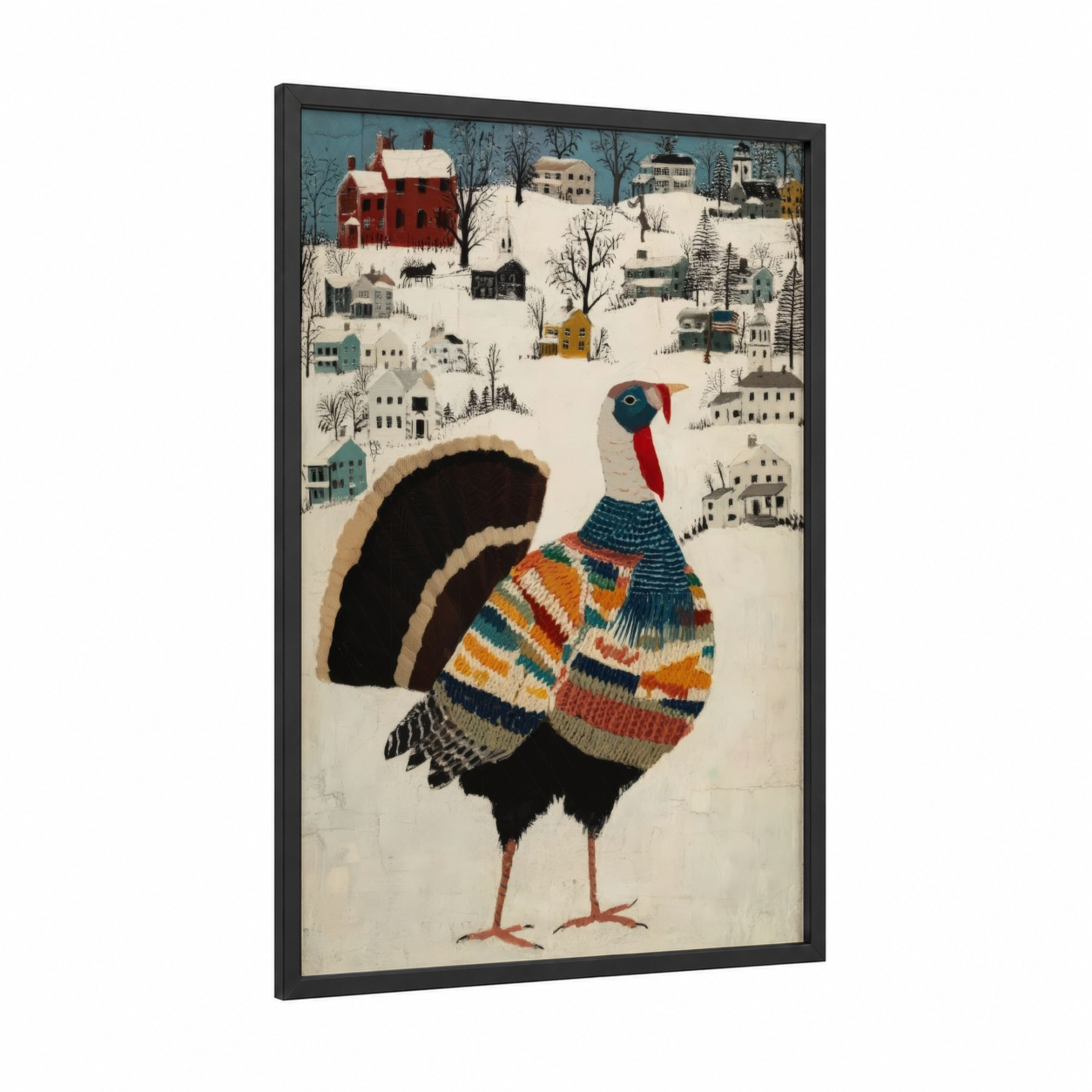 Winter Turkey framed art print — black wood frame — orange and cream palette