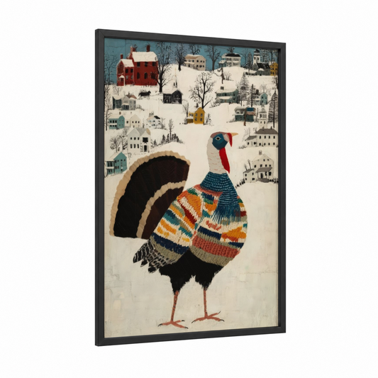 Winter Turkey framed art print — black wood frame — orange and cream palette