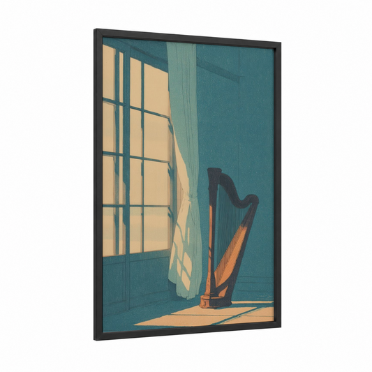 Sunlit Harp framed art print — black wood frame — teal and gold palette