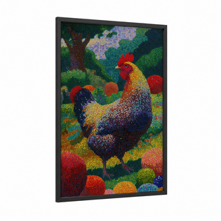 Pointillist Rooster framed chicken and roosters print — black wood frame — true green and red palette
