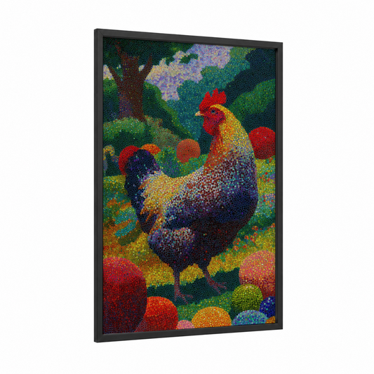 Pointillist Rooster framed chicken and roosters print — black wood frame — true green and red palette
