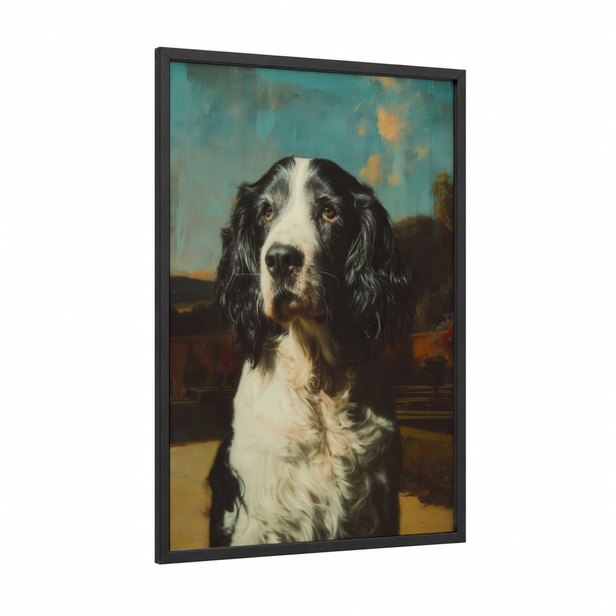 Contemplative Spaniel framed art print — black wood frame — teal and gold palette