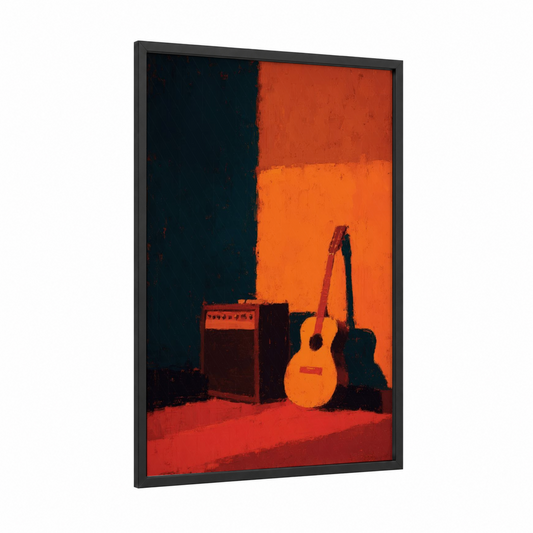Sunset Studio Guitar framed acoustic guitar print — black wood frame — orange and black and gold palette