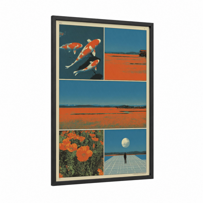Y2K Dreamscape Collage framed japanese y2k print — black wood frame — orange and blue palette