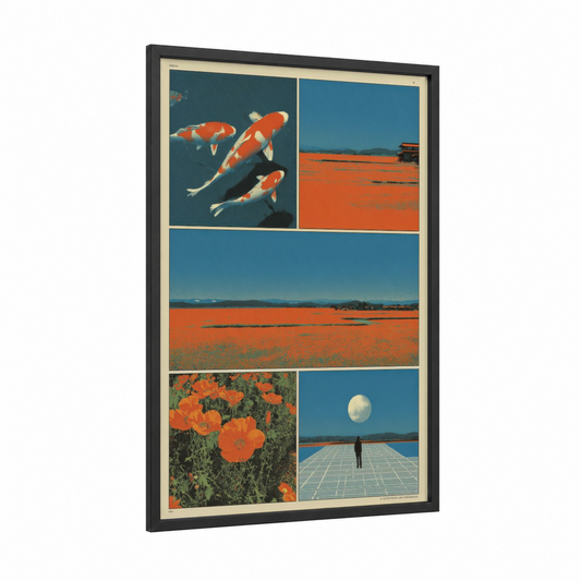 Y2K Dreamscape Collage framed japanese y2k print — black wood frame — orange and blue palette