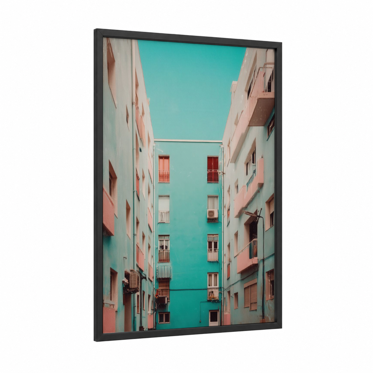 Turquoise Urban Corridor framed abstract architecture print — black wood frame — turquoise and peach palette