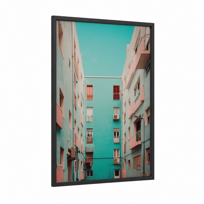 Turquoise Urban Corridor framed abstract architecture print — black wood frame — turquoise and peach palette
