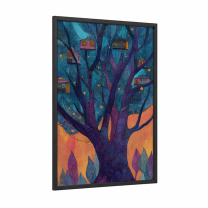 Luminous Banyan Tree framed art print — black wood frame — teal and gold palette