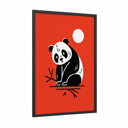 Contemplative Panda framed art print — black wood frame — red and black and white palette