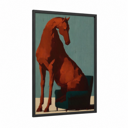 Crimson Seated Horse framed thoroughbred horse print — black wood frame — red and teal palette