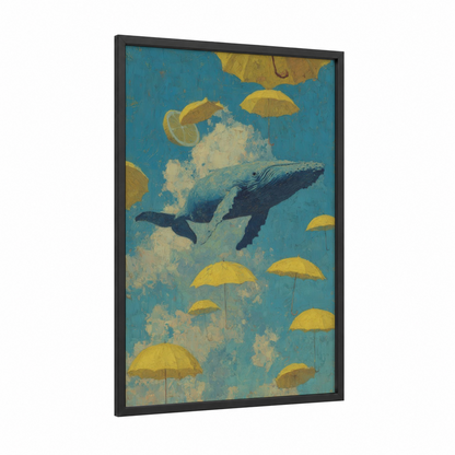 Dreaming Whale framed blue whale print — black wood frame — blue and gold palette