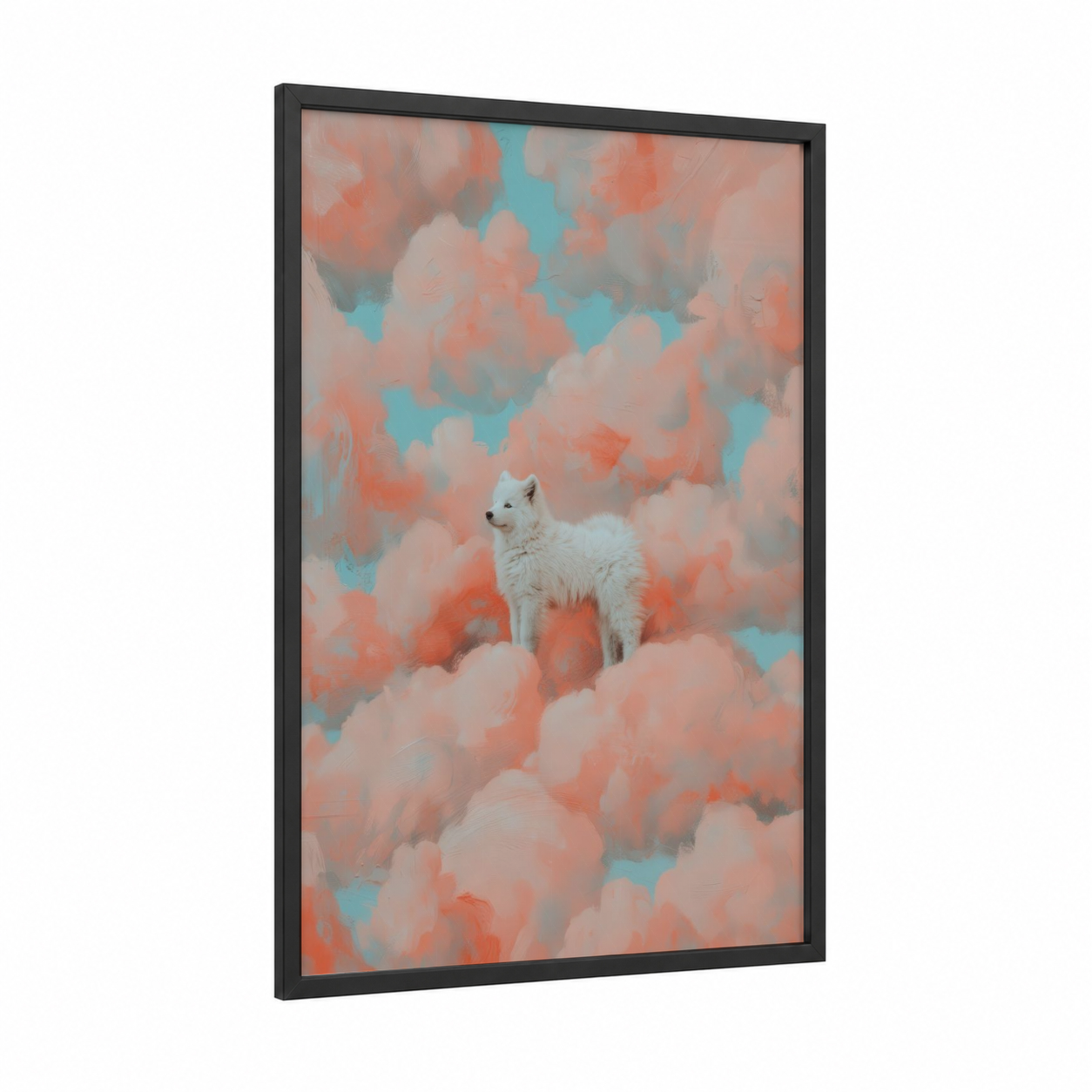 Clouds Spitz framed art print — black wood frame — peach and blue palette