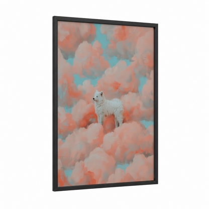 Clouds Spitz framed art print — black wood frame — peach and blue palette