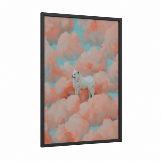 Clouds Spitz framed art print — black wood frame — peach and blue palette