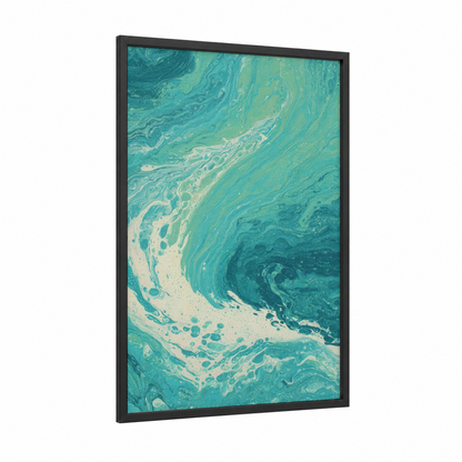 Turquoise Flow framed fitness yoga print — black wood frame — turquoise and cream palette