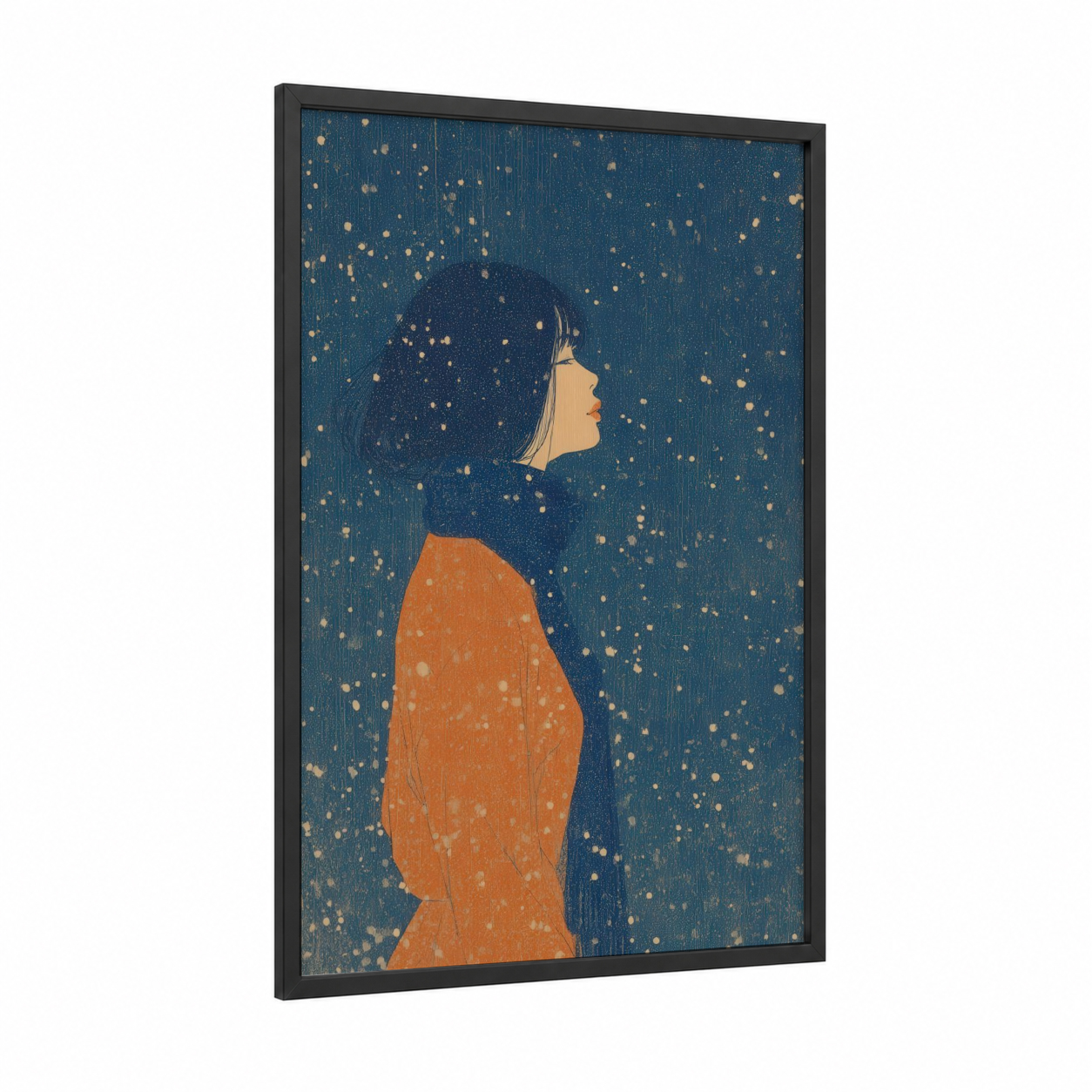 Starlit Reverie framed fashion illustration print — black wood frame — dark blue and orange palette