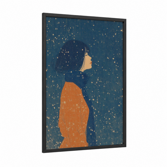 Starlit Reverie framed fashion illustration print — black wood frame — dark blue and orange palette