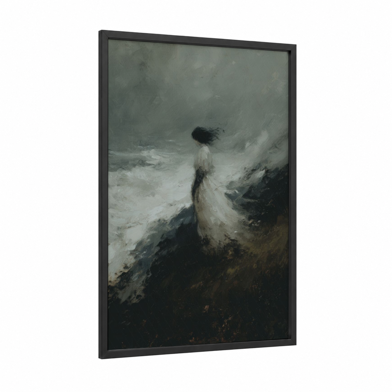 Windswept Ghost framed art print — black wood frame — gray and white and black palette