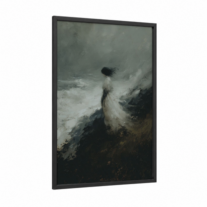 Windswept Ghost framed art print — black wood frame — gray and white and black palette