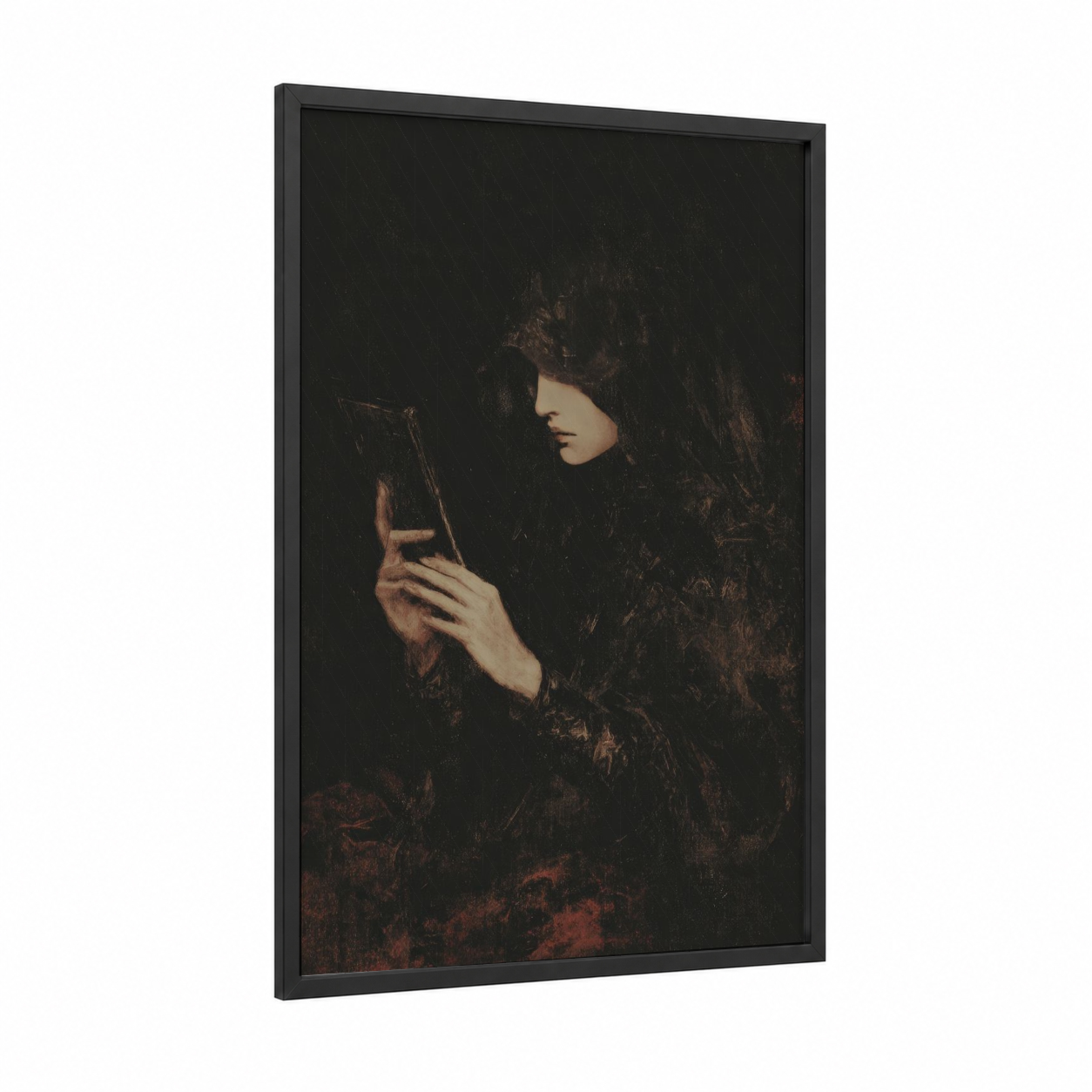 Mirror Witch framed wiccan print — black wood frame — black and maroon palette