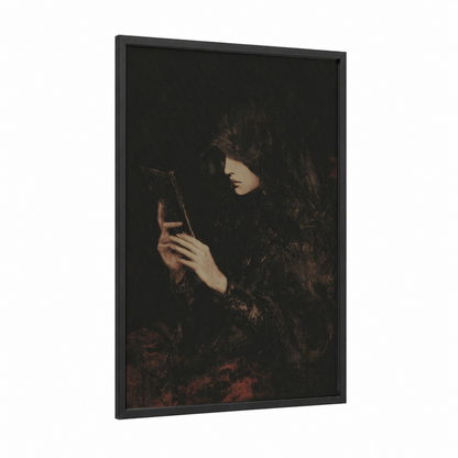 Mirror Witch framed wiccan print — black wood frame — black and maroon palette
