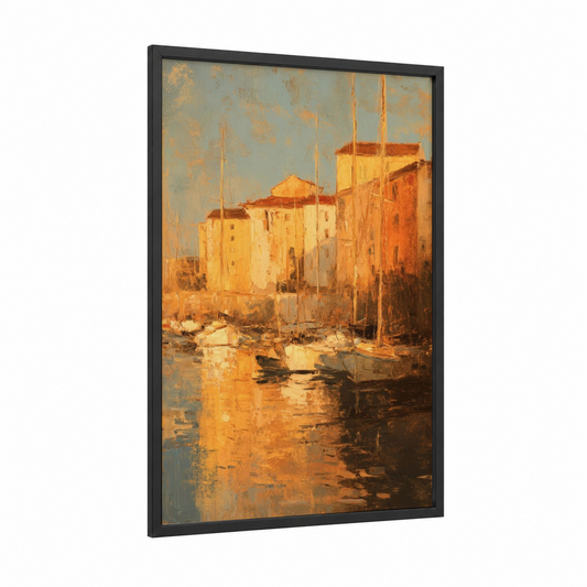Golden Harbor Sunset framed art print — black wood frame — gold and orange palette
