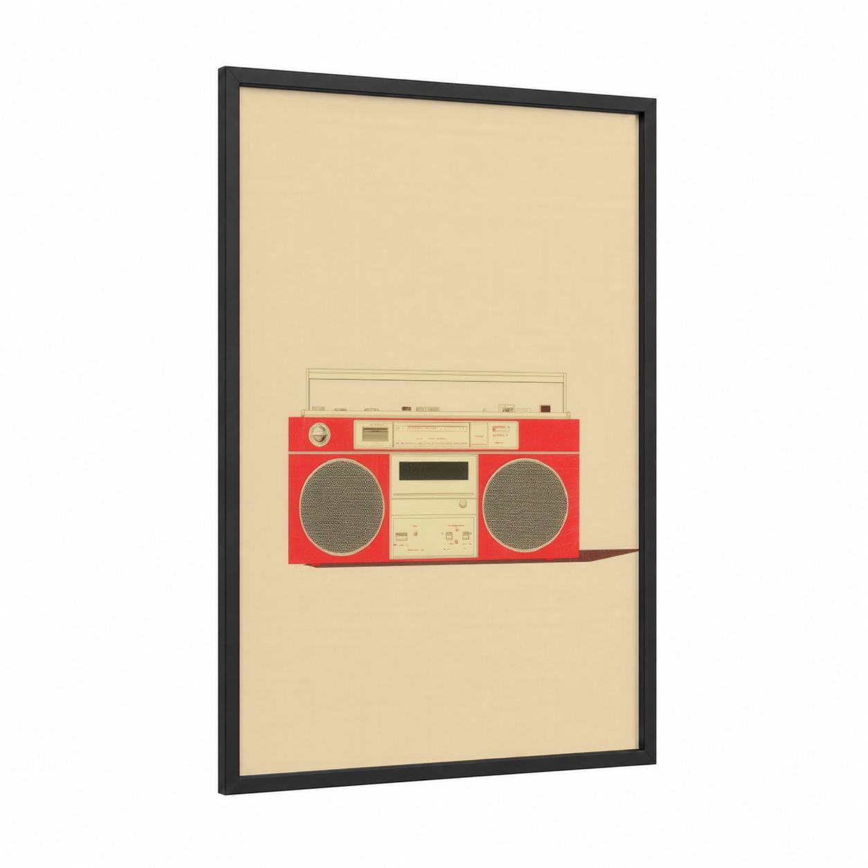 Red Retro Boombox framed art print — black wood frame — red and cream palette