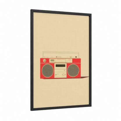 Red Retro Boombox framed art print — black wood frame — red and cream palette