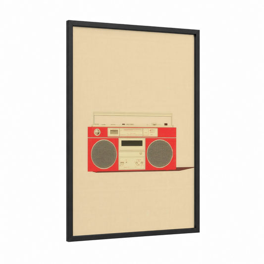 Red Retro Boombox framed art print — black wood frame — red and cream palette