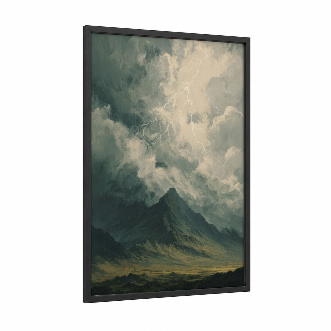 Mountain Storm framed art print — black wood frame — gray and cream palette
