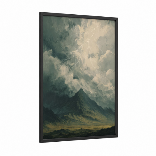 Mountain Storm framed art print — black wood frame — gray and cream palette