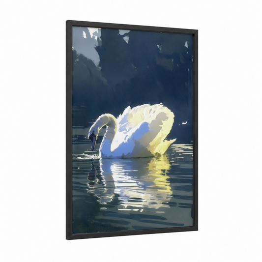 Luminous Swan framed art print — black wood frame — blue and gold palette