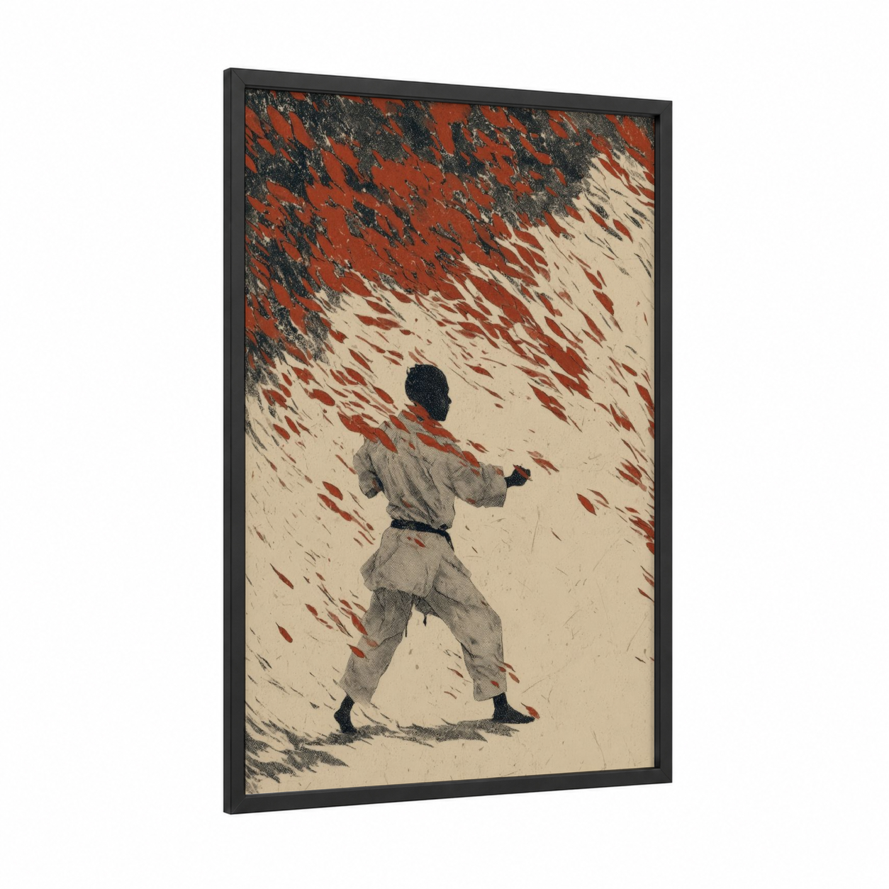 Dynamic Karate Warrior framed art print — black wood frame — red and cream palette