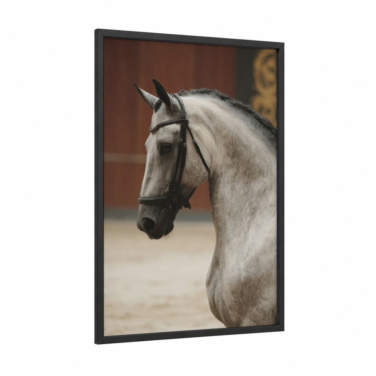 Dappled Gray Horse framed horseback print — black wood frame — gray and white and brown palette