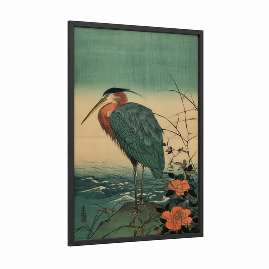 Crimson Heron Bloom framed art print — black wood frame — sage green and peach palette