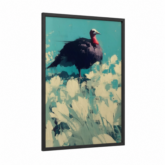 Crimson Turkey framed art print — black wood frame — turquoise and cream palette