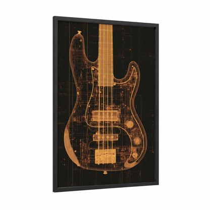 Golden Blueprint Bass framed bass guitar print — black wood frame — gold and black palette