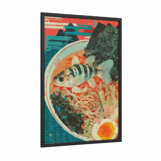 Noodle Bowl Zebrafish framed art print — black wood frame — red and teal palette