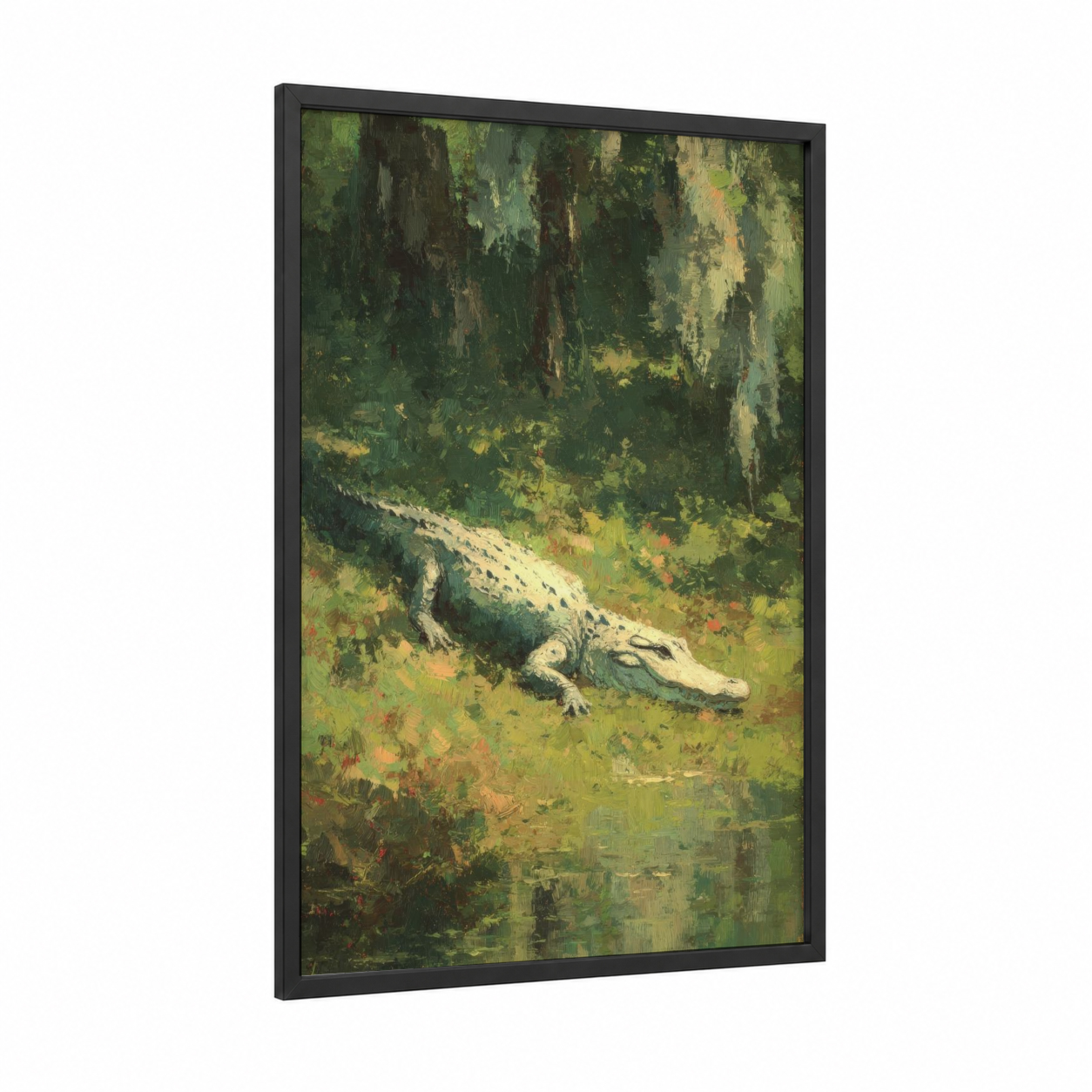 Jungle Alligator framed art print — black wood frame — green and olive palette