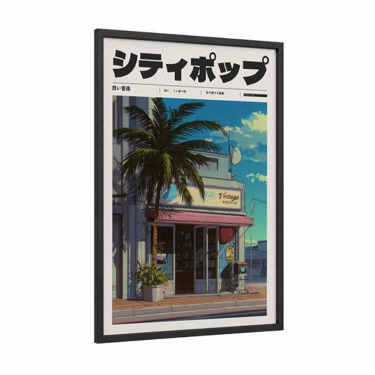 Vintage Shop Aesthetic framed anime and manga print — black wood frame — blue and gold palette