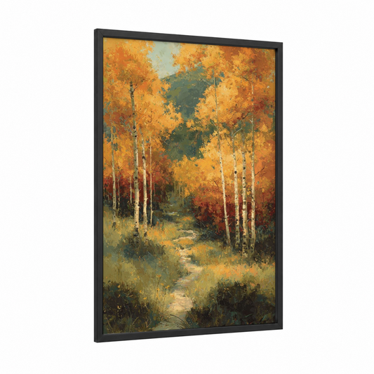 Golden Aspen Path framed aspen forest print — black wood frame — gold and dark green palette