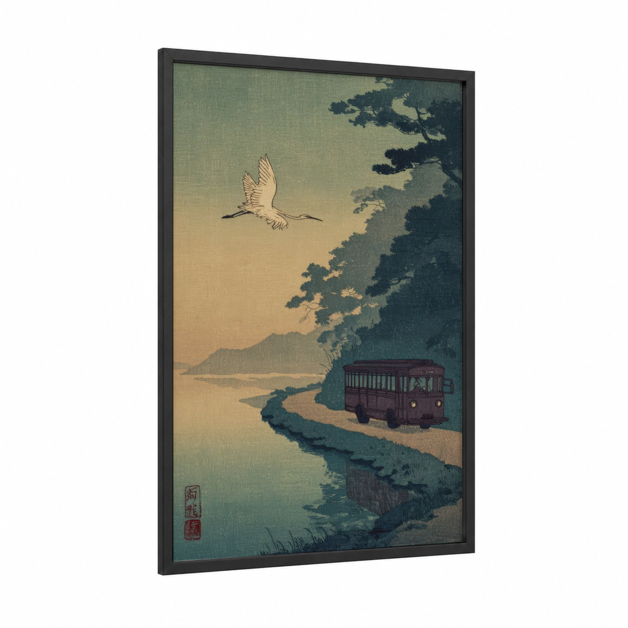 Riverside Bus framed art print — black wood frame — sage green and gold palette