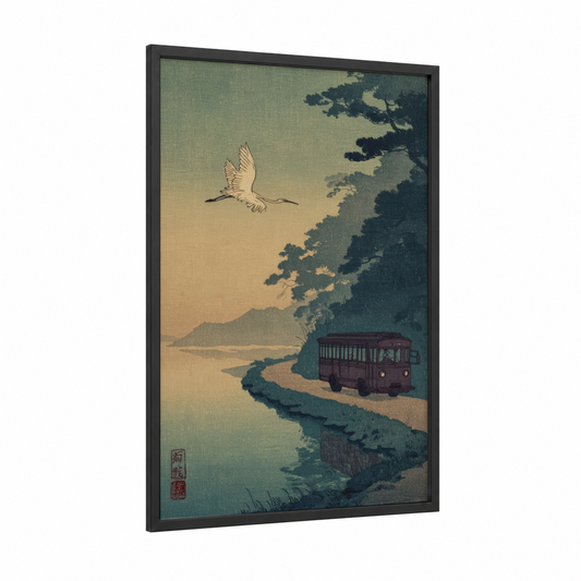Riverside Bus framed art print — black wood frame — sage green and gold palette
