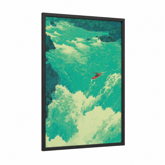 Turquoise Kayaker framed canoeing and kayaking print — black wood frame — teal and cream palette