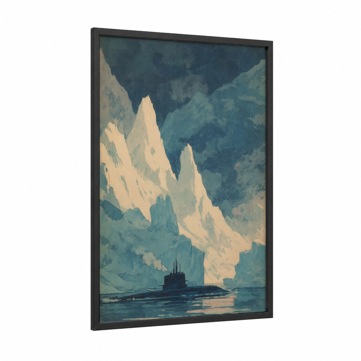 Arctic Submarine framed art print — black wood frame — dark blue and cream palette