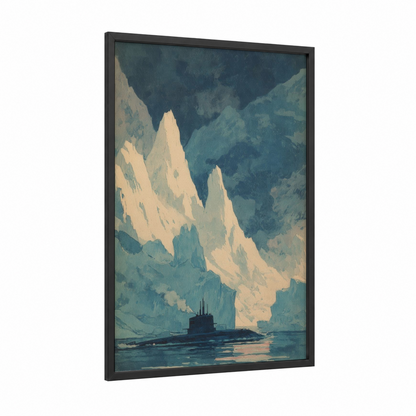 Arctic Submarine framed art print — black wood frame — dark blue and cream palette